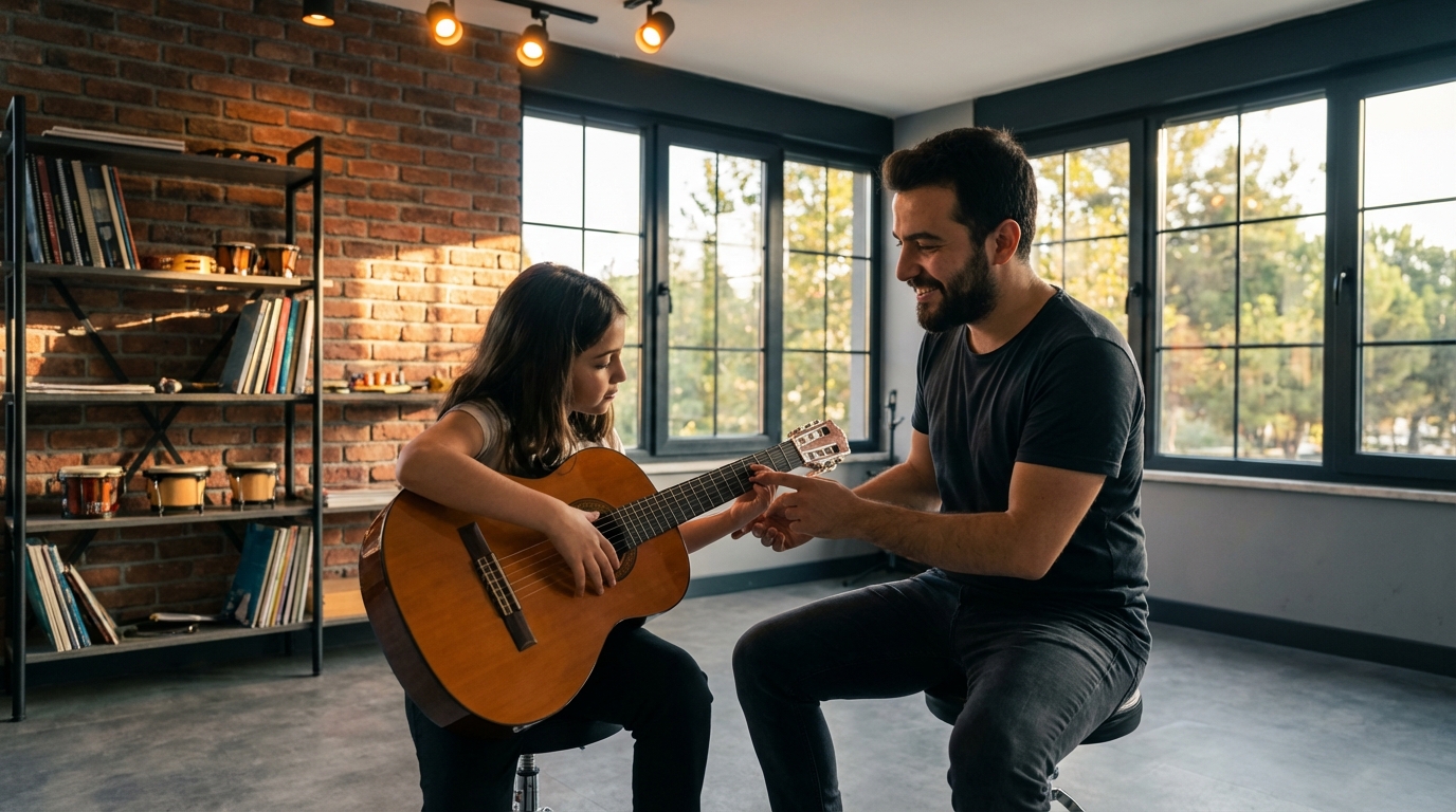 Gitar Akademi bünyesinde uzman eğitmenden gitar özel ders alan öğrenci.