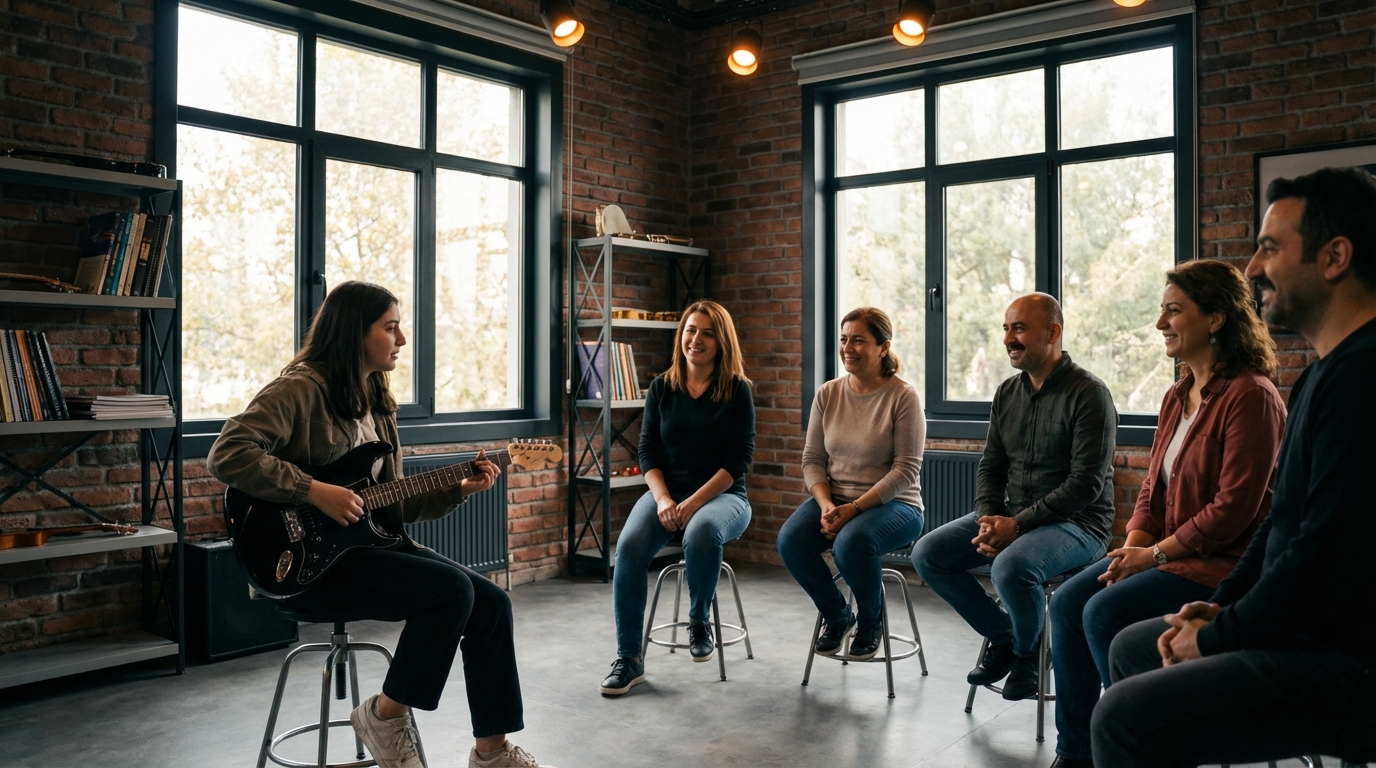 Özel gitar kursu bünyesinde modern stüdyoda elektro gitar eğitimi.
