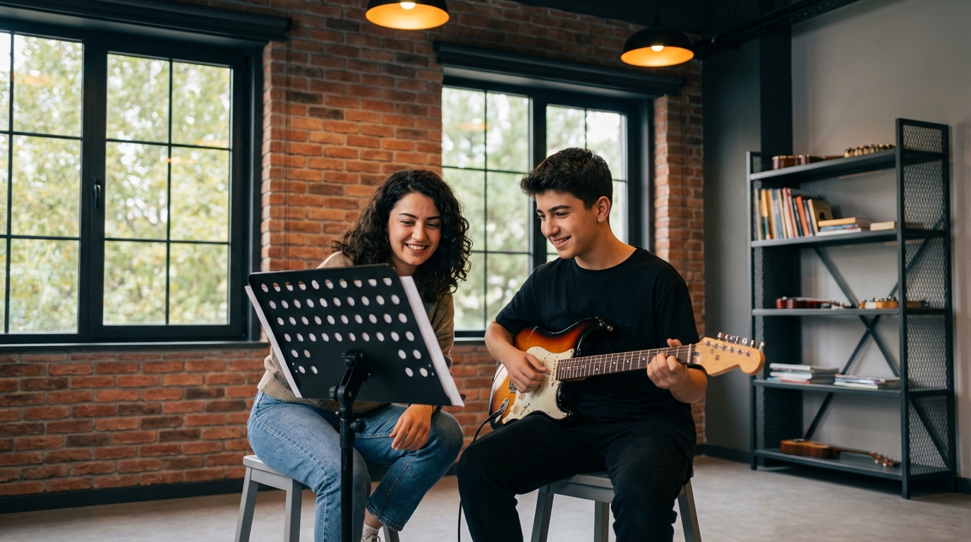Özel gitar kursu eğitimi alan öğrenci ve sıcak stüdyo ortamı.